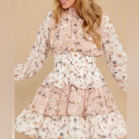 Storia Dresses & Skirts - STORIA floral-print, long-sleeve chiffon Blush and Ivory mini dress - Small